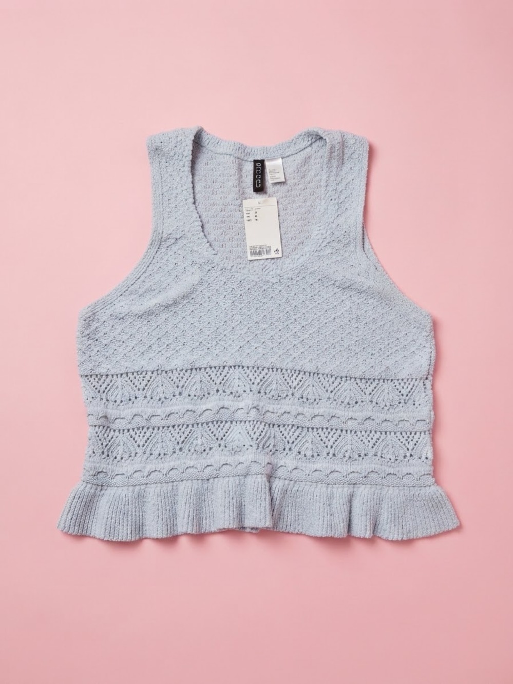 H&M Divided Knit Tank Top Blue Crocheted Ruffle Hem Sleeveless Size M NWT Y2K